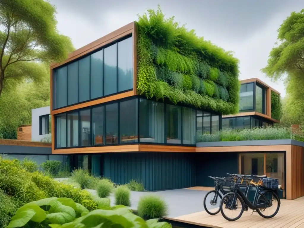 Edificio sostenible rodeado de naturaleza y comunidad vibrante Desarrollo inmobiliario con responsabilidad ambiental: edificio sostenible rodeado de naturaleza y comunidad vibrante en entorno urbano
