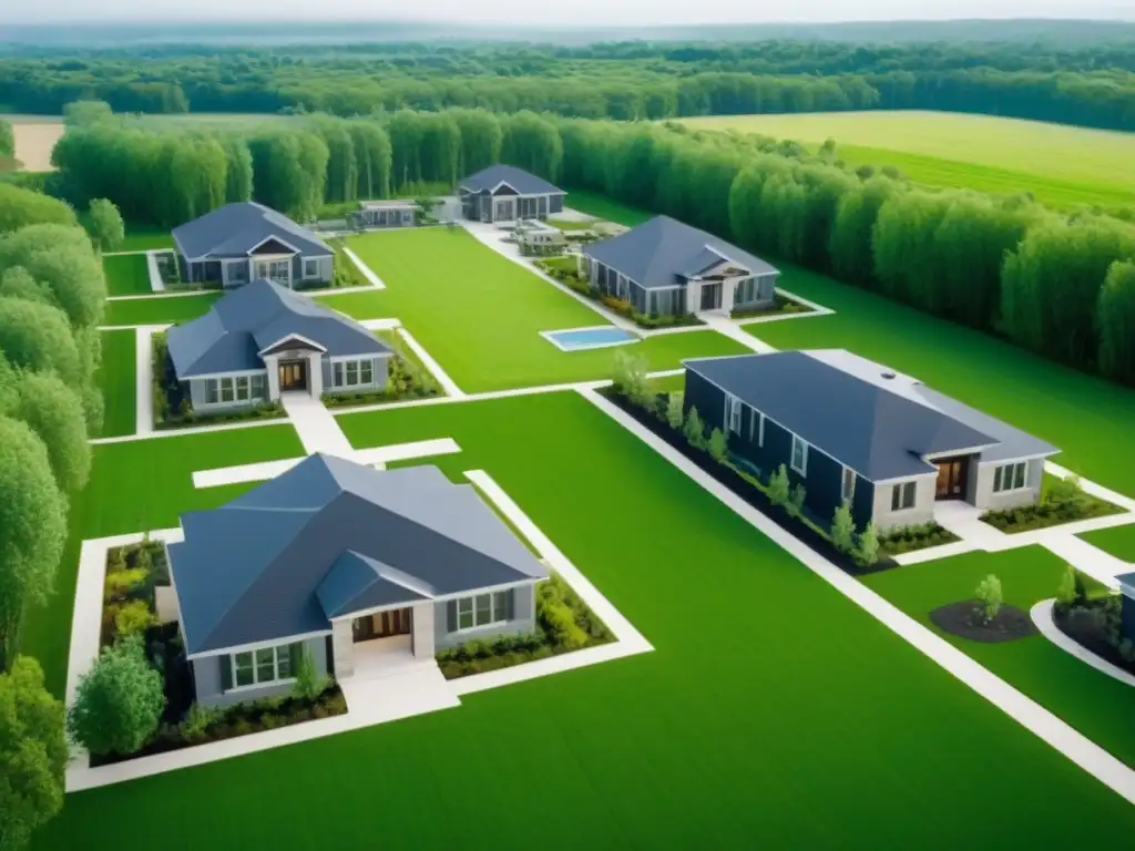 Desarrollo inmobiliario rural moderno en América del Norte Un desarrollo inmobiliario rural en Norteamérica, fusionando arquitectura tradicional e innovadora en un entorno sereno y progresista
