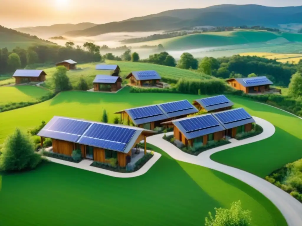 Desarrollo rural sostenible: armonía moderna y natural Un desarrollo inmobiliario rural en Norteamérica con casas ecológicas, paneles solares y armonía con la naturaleza al atardecer