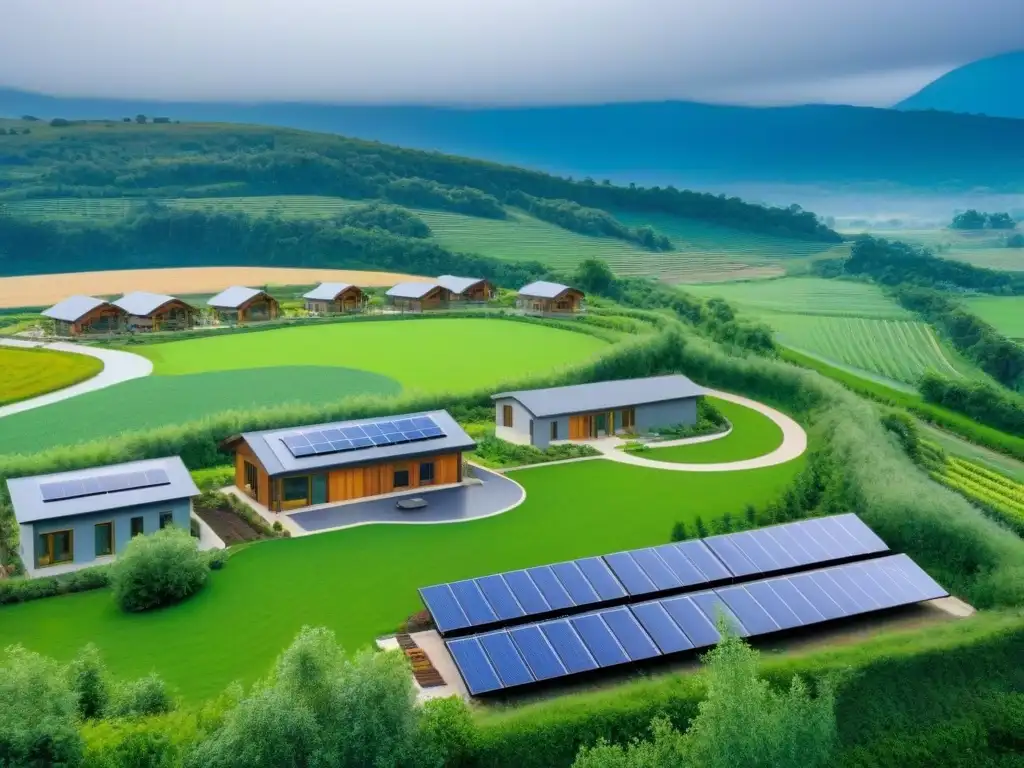 Desarrollo rural sostenible en América del Norte Un desarrollo inmobiliario rural sostenible en Norteamérica con casas ecofriendly y paisajes verdes