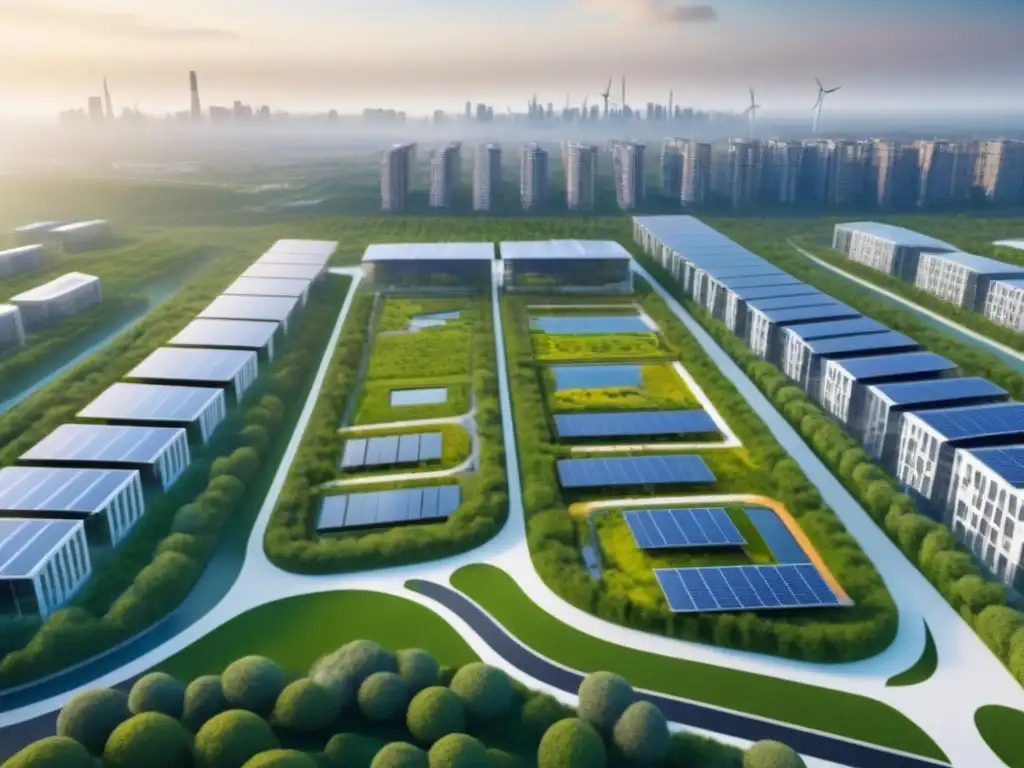 Desarrollo urbano sostenible: armonía entre ciudad y naturaleza Un desarrollo inmobiliario sostenible en áreas metropolitanas, con techos verdes, paneles solares y turbinas eólicas, rodeado de espacios verdes