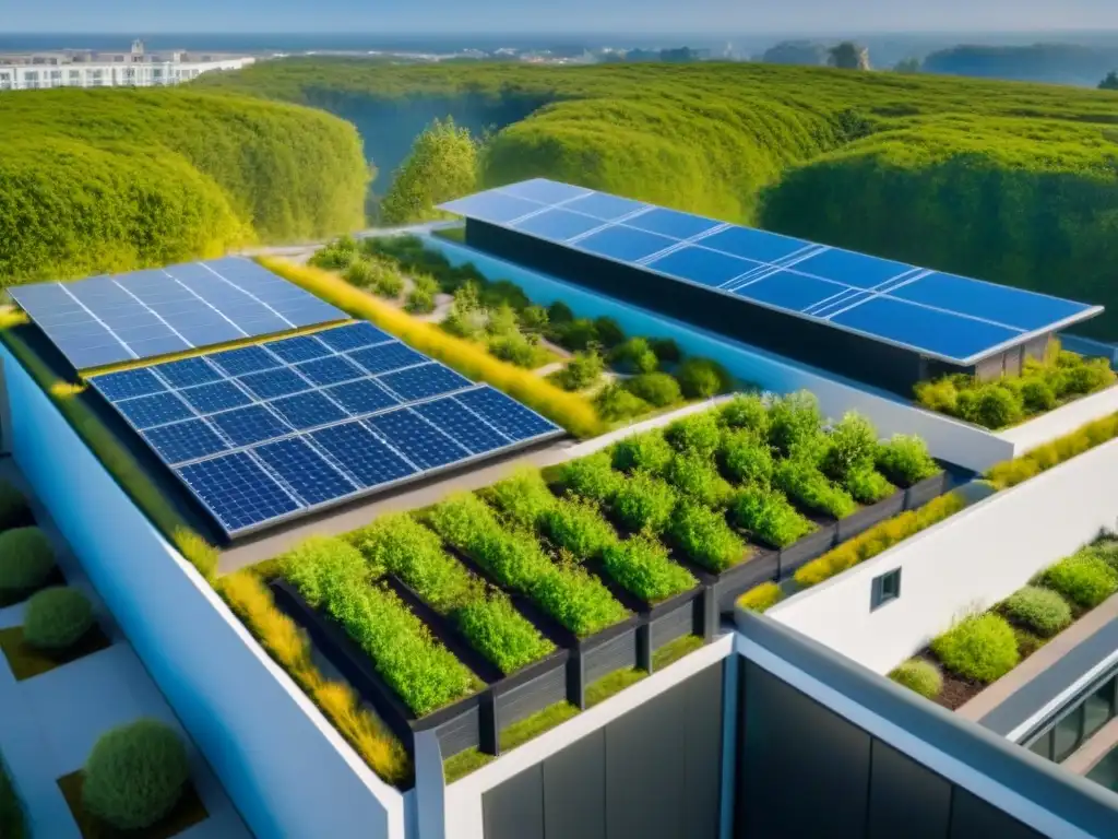 Un desarrollo inmobiliario sostenible con azoteas verdes, paneles solares y espacios comunes, rodeado de naturaleza