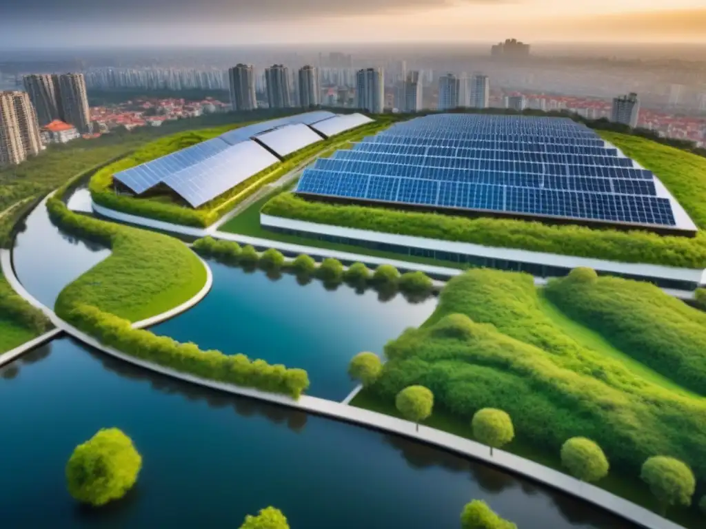 Desarrollo inmobiliario sostenible en ciudad emergente: M&A inmobiliario Un desarrollo inmobiliario sostenible en una ciudad de mercado emergente, con techos verdes y paneles solares
