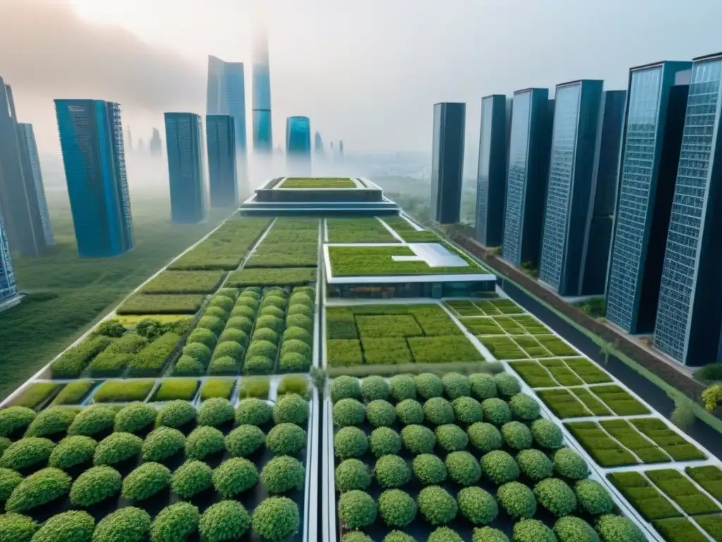 Desarrollo sostenible futurista: ecoedificios y jardines verticales Un desarrollo inmobiliario sostenible global con edificios ecoamigables y jardines verticales, integrados en un entorno urbano vibrante