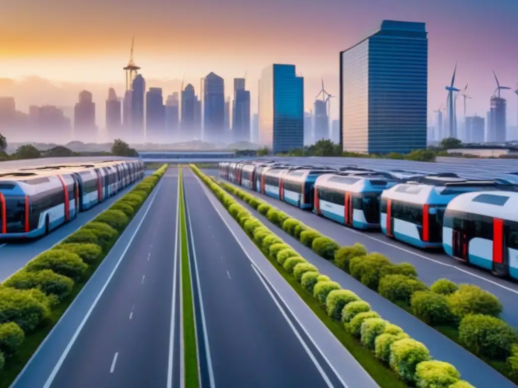 Metrópolis sostenible: innovación y ecoamigabilidad Desarrollo inmobiliario sostenible con incentivos fiscales: Ciudad futurista ecoamigable con edificios verdes iluminados y transporte eléctrico