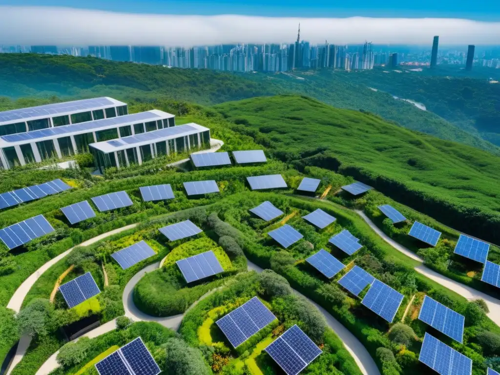 Desarrollo inmobiliario sostenible: armonía entre modernidad y naturaleza Un desarrollo inmobiliario sostenible internacional entre exuberante vegetación, edificios ecoamigables con paneles solares y jardines en azoteas