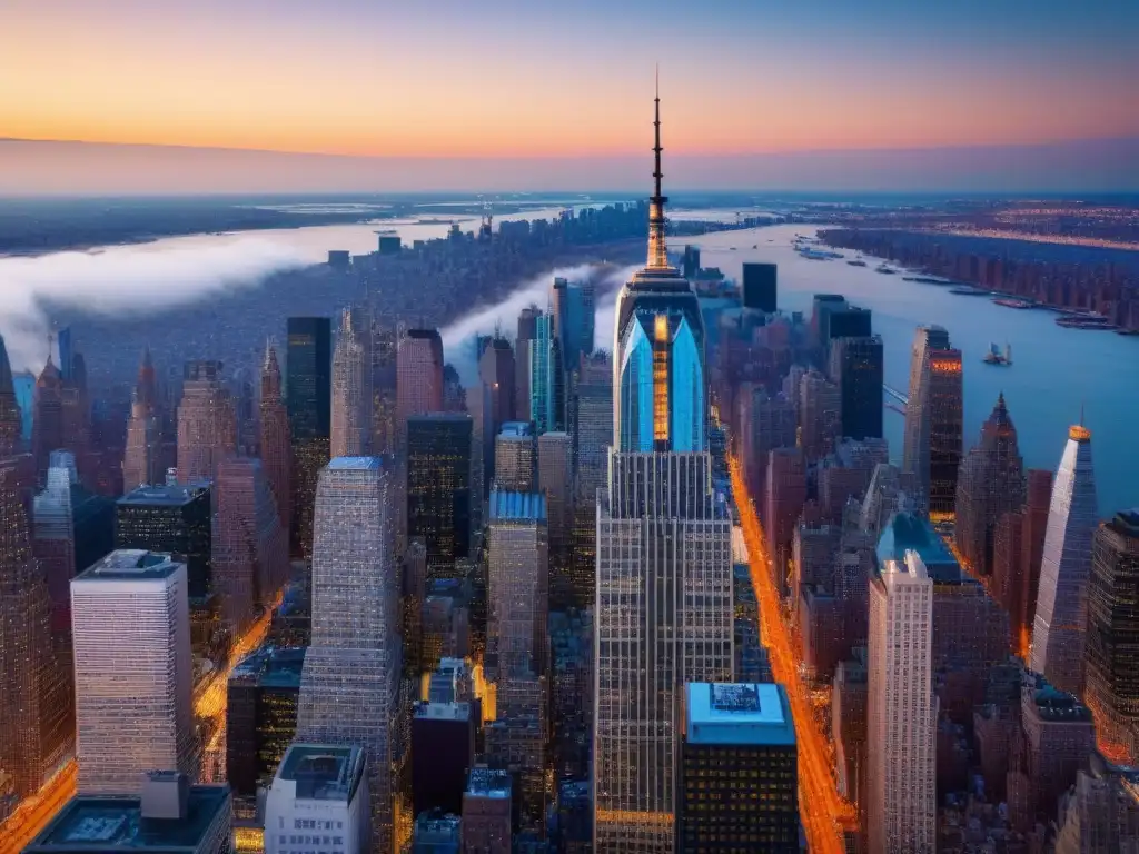 Horizonte icónico de Nueva York al atardecer Desarrollo inmobiliario vertical en Nueva York: majestuoso atardecer sobre el inconfundible skyline de la Gran Manzana, entre icónicos rascacielos