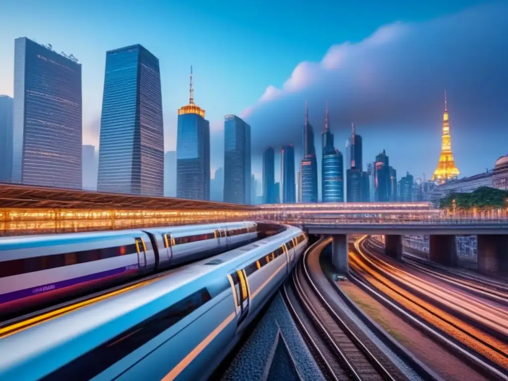 Horizonte urbano futurista con tren de alta velocidad Desarrollo mercados inmobiliarios emergentes: Ciudad futurista con rascacielos iluminados y tren de alta velocidad en la noche