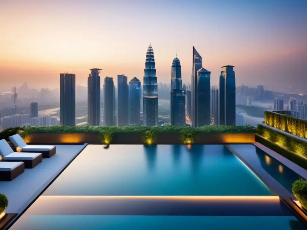 Deslumbrante desarrollo inmobiliario de lujo en ciudad asiática Desarrollo de propiedades de lujo en Asia con arquitectura moderna, vegetación exuberante y amenidades elegantes al atardecer