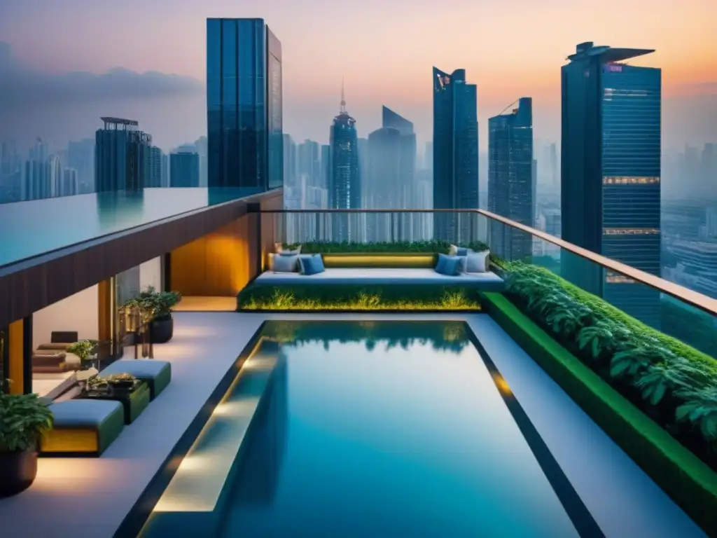 Condominio de lujo en ciudad asiática: vida postpandemia Desarrollo de propiedades de lujo en Asia: un condominio de alta gama con arquitectura moderna y vista a la bulliciosa ciudad