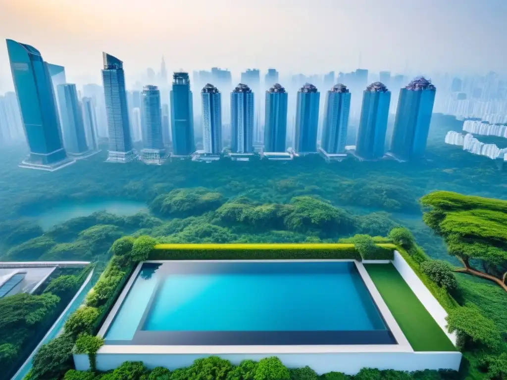 Propiedad de lujo ultramoderna en ciudad asiática Desarrollo de propiedades de lujo en Asia: moderna arquitectura urbana rodeada de rascacielos y vegetación exuberante
