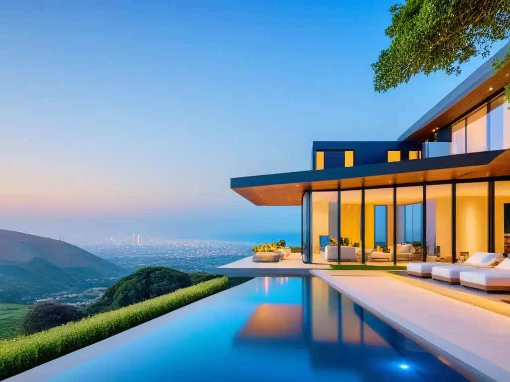 Mansión de lujo con jardines exuberantes y energía solar Desarrollo de propiedades de lujo sostenible: mansión moderna en colina verde con jardines floridos y energía solar