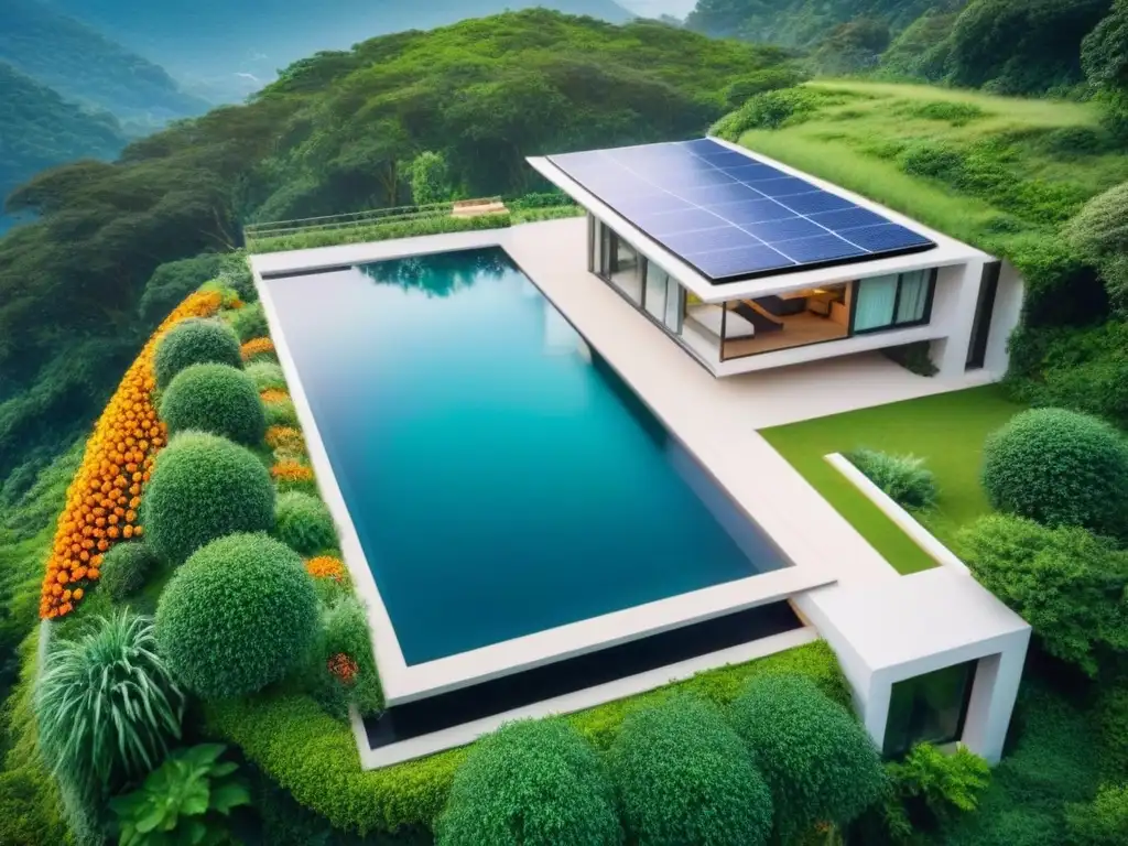Propiedad ecofriendly de lujo en la naturaleza: armonía y elegancia Desarrollo de propiedades de lujo sostenible en armonía con la naturaleza, con paneles solares, piscina infinita y jardín vibrante