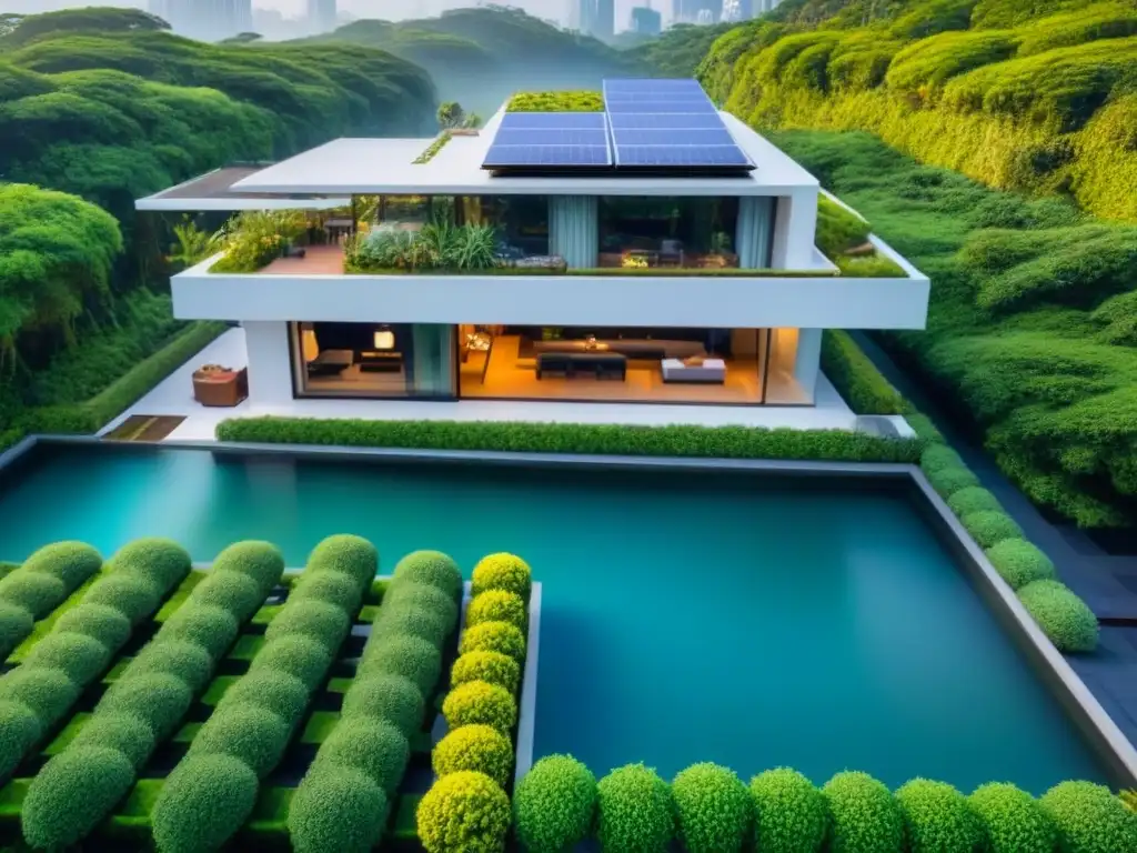 Propiedad de lujo sostenible en ciudad asiática Desarrollo de propiedades de lujo sostenibles en Asia: moderna residencia rodeada de vegetación exuberante y diseño ecológico