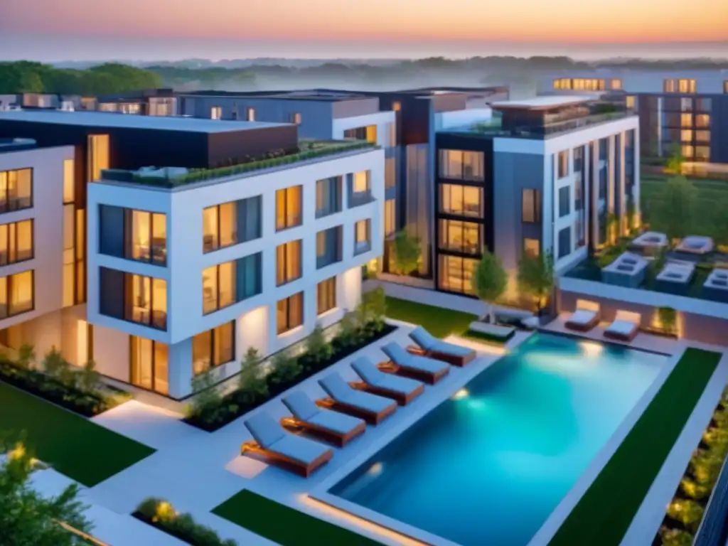 Complejo residencial moderno con espacios verdes integrados Desarrollo de propiedades multifamiliares con diseño contemporáneo y espacios verdes integrados al atardecer