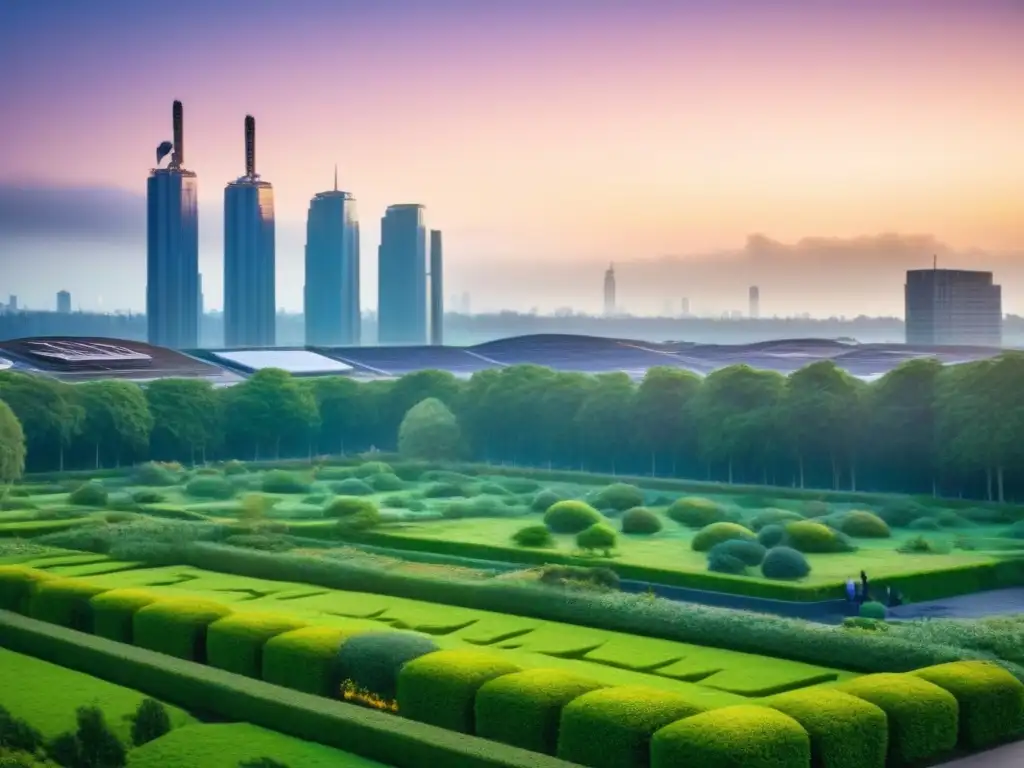 Horizonte sostenible: ciudad moderna y naturaleza en armonía Desarrollo de propiedades sostenibles incentivos en una ciudad moderna y verde al anochecer