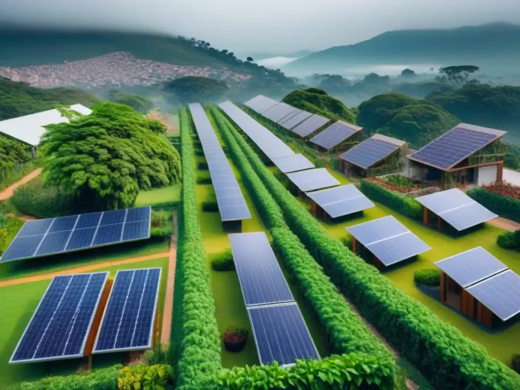 Desarrollo sostenible en ciudad latinoamericana: comunidad ecoamigable y urbana Un desarrollo residencial ecológico en América Latina con paneles solares, espacios verdes y arquitectura moderna