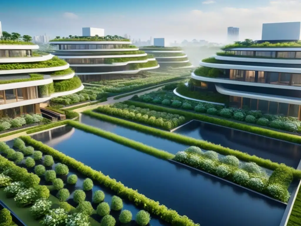Desarrollo sostenible: arquitectura futurista en armonía con la naturaleza Desarrollo residencial futurista con gestión del agua en inmobiliarias y espacios verdes integrados