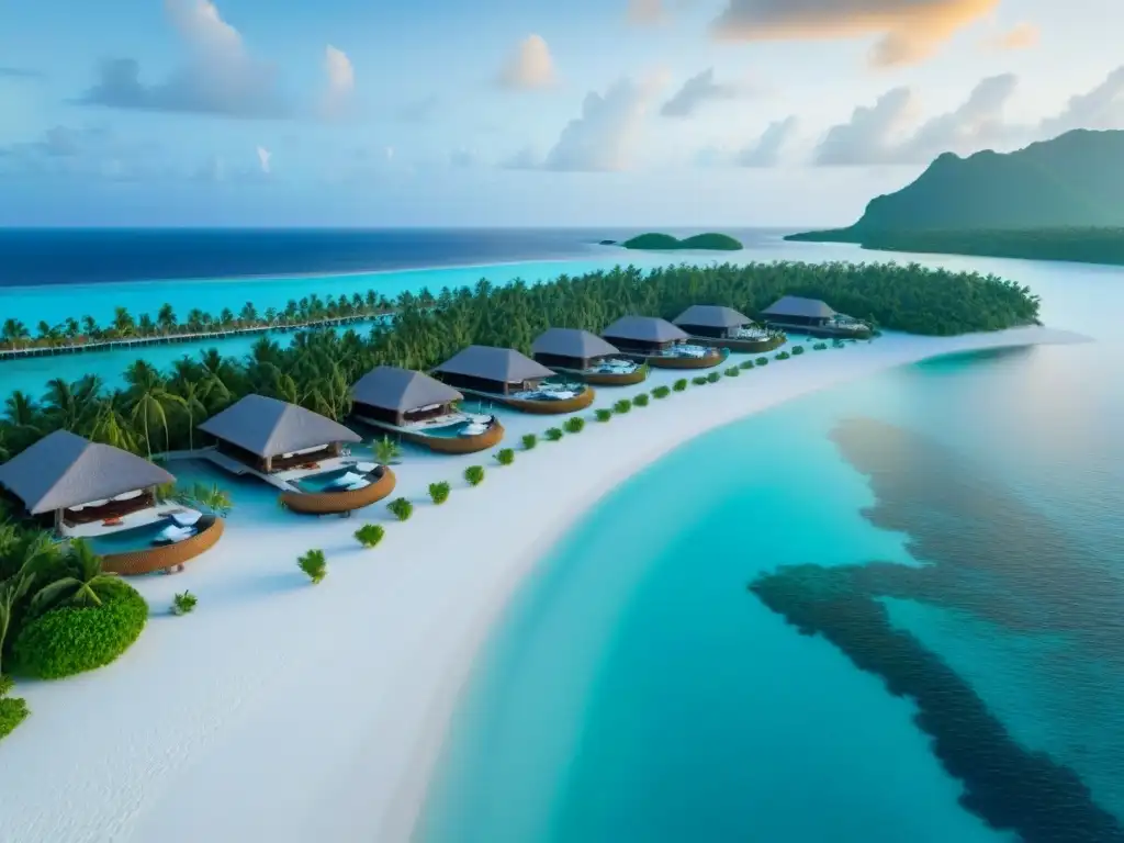 Paraíso tropical: resort de lujo en isla privada Desarrollo de resorts en islas: Atardecer en un lujoso resort privado en una isla, con villas sobre el agua y playa de arena blanca