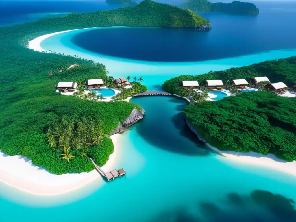 Paraíso exclusivo: resort de lujo en isla privada Desarrollo de resorts de lujo en islas privadas: Exclusivo resort con arquitectura moderna, infinity pools y playas de ensueño al atardecer