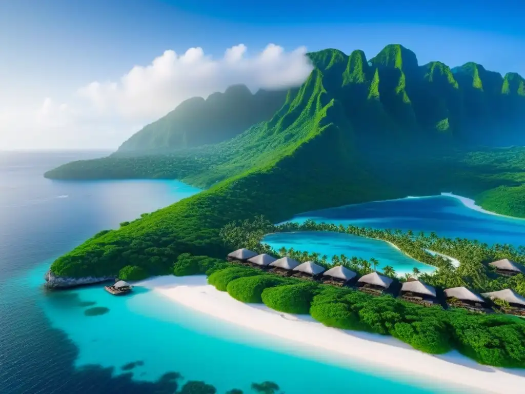 Paraíso exclusivo: resort de lujo en isla privada Desarrollo de resorts de lujo en islas privadas: vista aérea de un exclusivo paraíso con villas, piscinas infinitas y playas de arena blanca