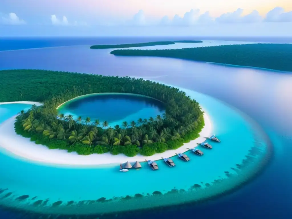 Exclusivo resort de lujo en isla privada: atardecer dorado y yate de lujo Desarrollo de resorts de lujo en islas privadas con playas blancas, aguas turquesas y bungalows sobre el agua al atardecer