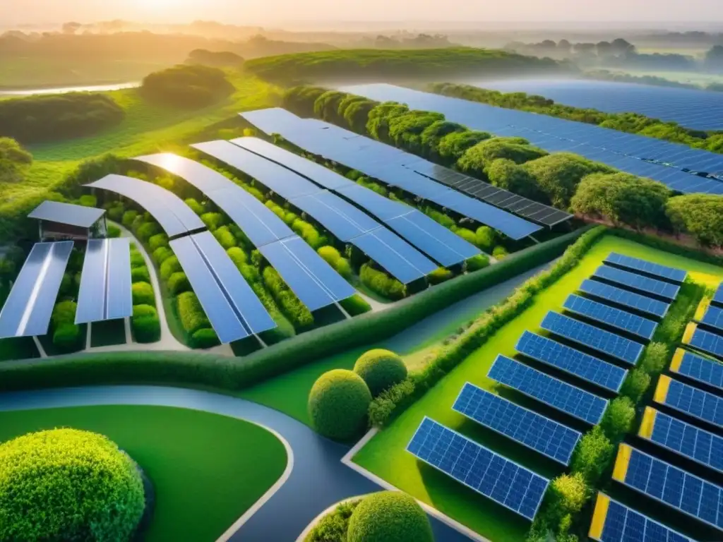 Desarrollo sostenible: modernas construcciones eco en entorno verde Un desarrollo sostenible con beneficios fiscales, edificios ecoamigables rodeados de áreas verdes y paneles solares brillando al sol
