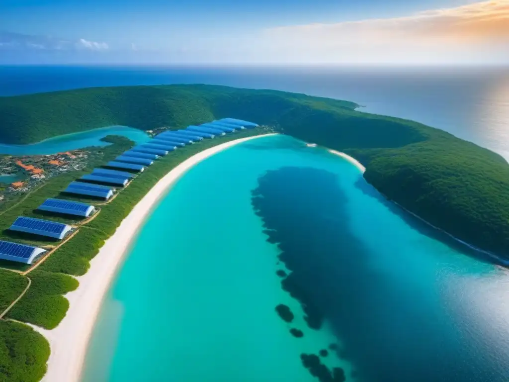 Paraíso costero ecofriendly: armonía entre naturaleza y sostenibilidad Desarrollo sostenible en ecovillas: Ecoaldea costera con arquitectura verde, paneles solares y gente practicando yoga en la playa