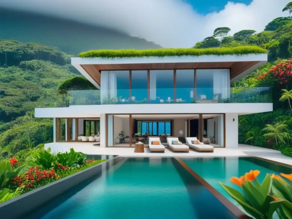 EcoVilla de lujo: arquitectura sostenible en la naturaleza Desarrollo sostenible en ecovillas: lujosa villa ecológica con vistas al mar, arquitectura sostenible y naturaleza exuberante