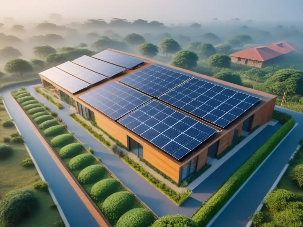 Ecoedificio sostenible en África: armonía entre ciudad y naturaleza Desarrollo sostenible en el mercado inmobiliario de África: complejo ecológico urbano con paneles solares, vegetación y actividades ecoconscientes
