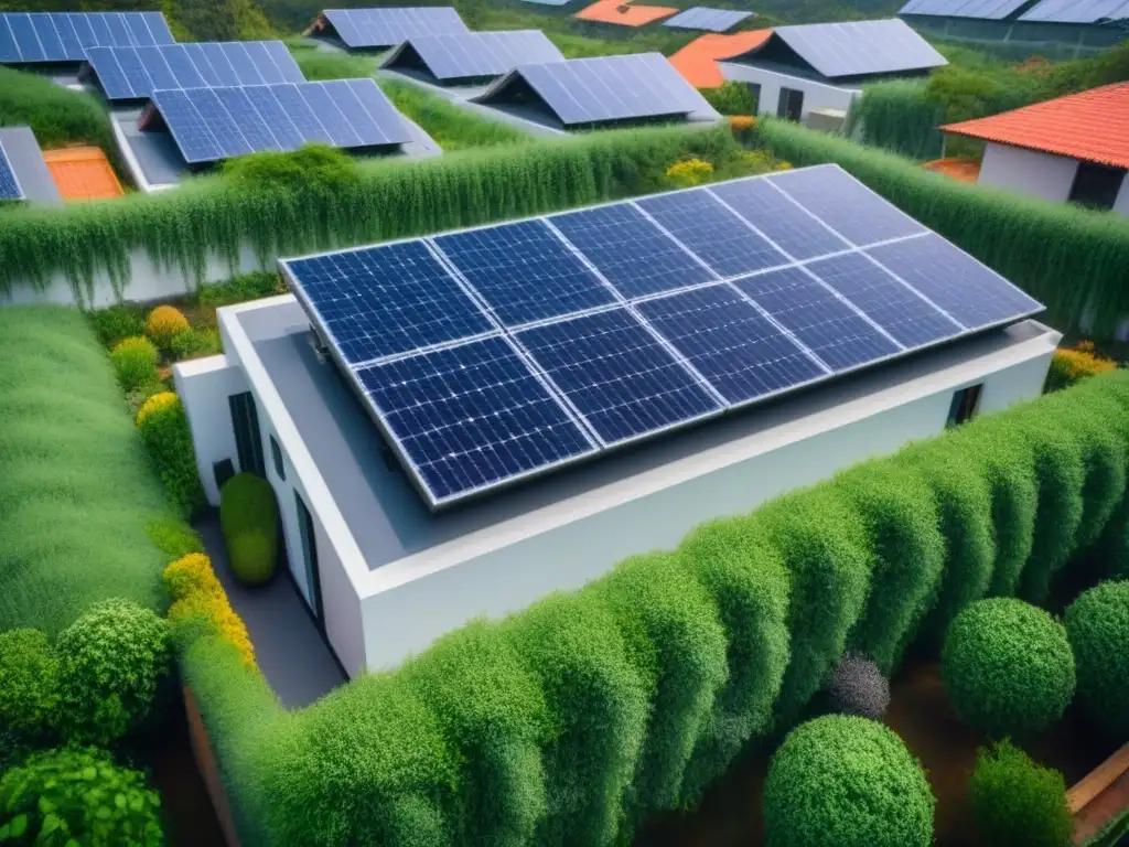 Desarrollo sostenible: modernidad y naturaleza Un desarrollo sostenible con paneles solares, jardines verdes y diseño ecoeficiente