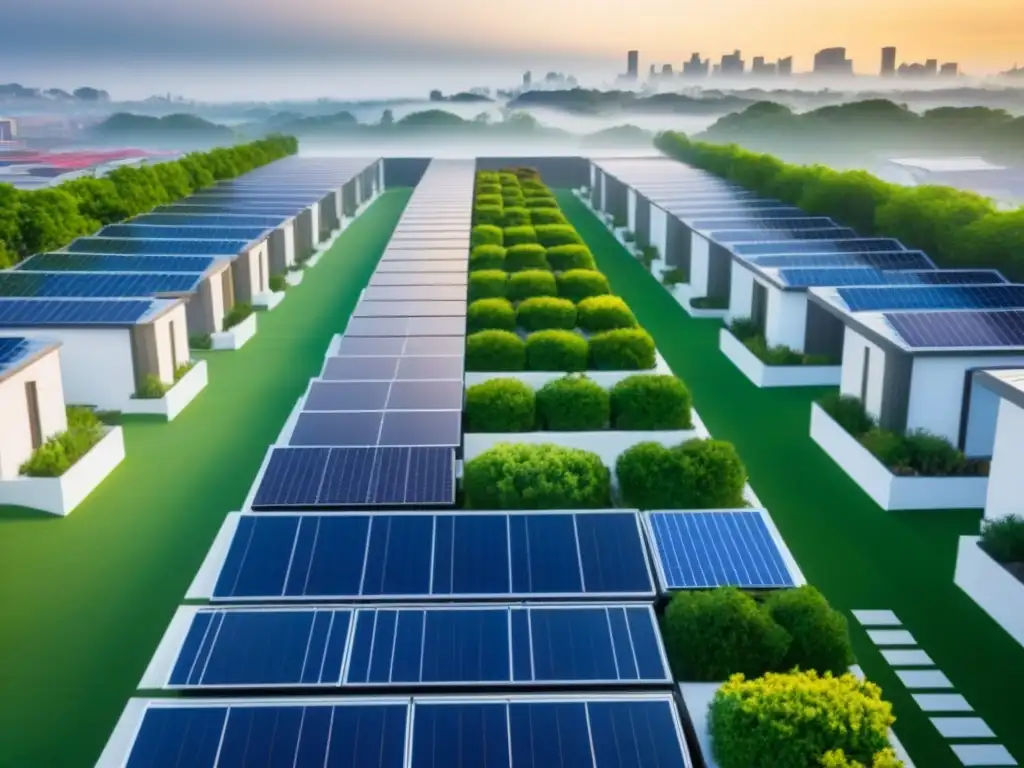 Desarrollo sostenible de usos mixtos: innovación urbana eco-friendly Un desarrollo sostenible con techos verdes y paneles solares, reflejando la integración de la inversión inmobiliaria ética internacional