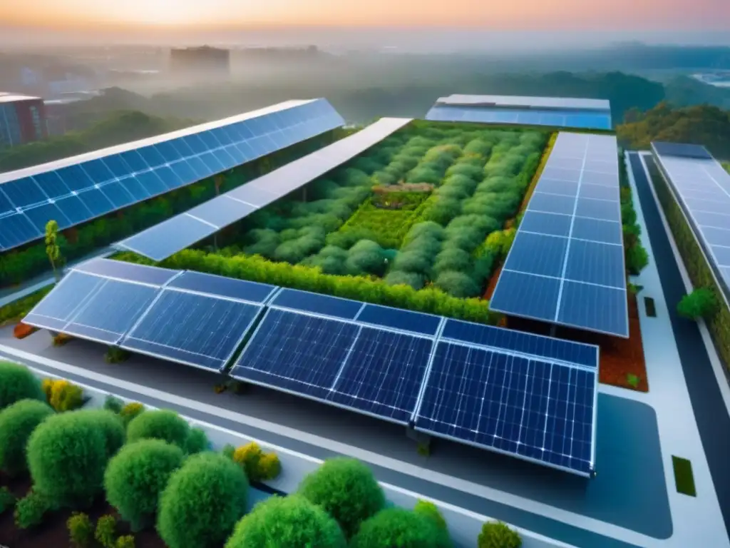 Desarrollo sostenible: armonía urbana y natural Un desarrollo sostenible con tecnología verde y arquitectura moderna, rodeado de naturaleza