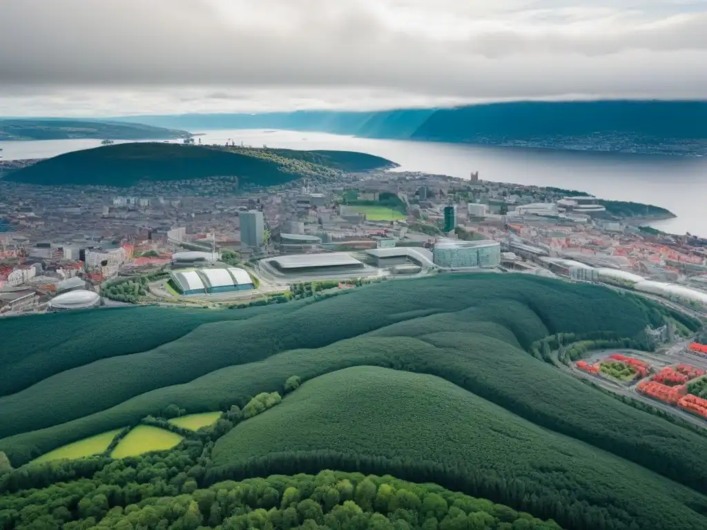 Oslo sostenible: armonía urbana y natural Desarrollo urbano sostenible en Oslo: Vista aérea de la ciudad con techos verdes, bicisendas y transporte eléctrico