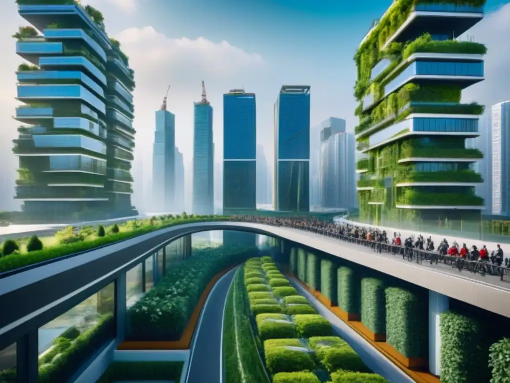 Metrópolis sostenible: armonía entre naturaleza y tecnología Desarrollo urbano sostenible: ciudad futurista con rascacielos verdes y tecnología eco, promoviendo un entorno ecoamigable