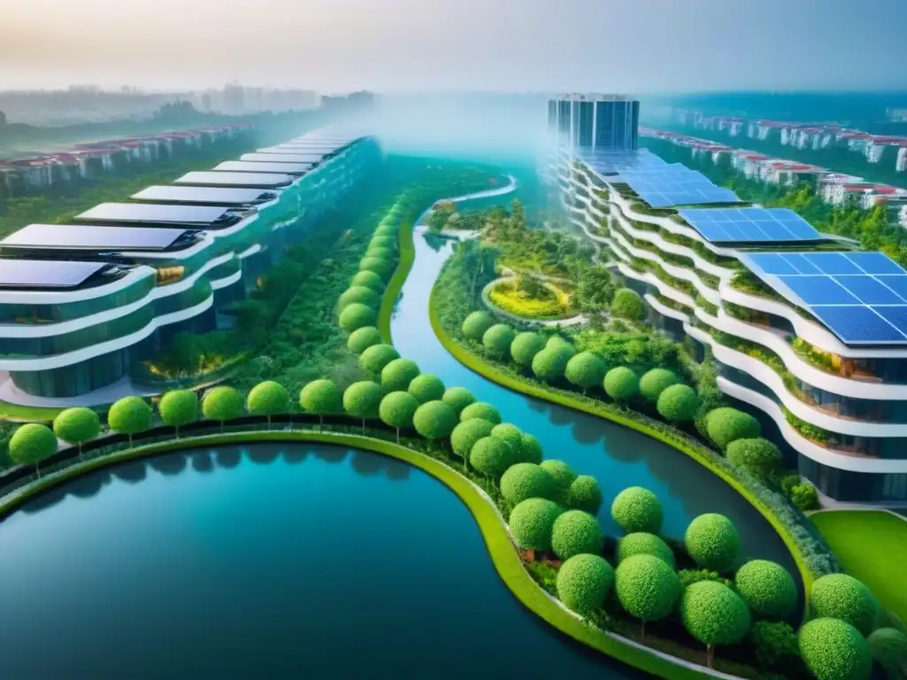 Desarrollo urbano sostenible: armonía entre ciudad y naturaleza Un desarrollo urbano sostenible y moderno, con espacios verdes, sistemas de gestión de agua eficientes y diseños arquitectónicos innovadores