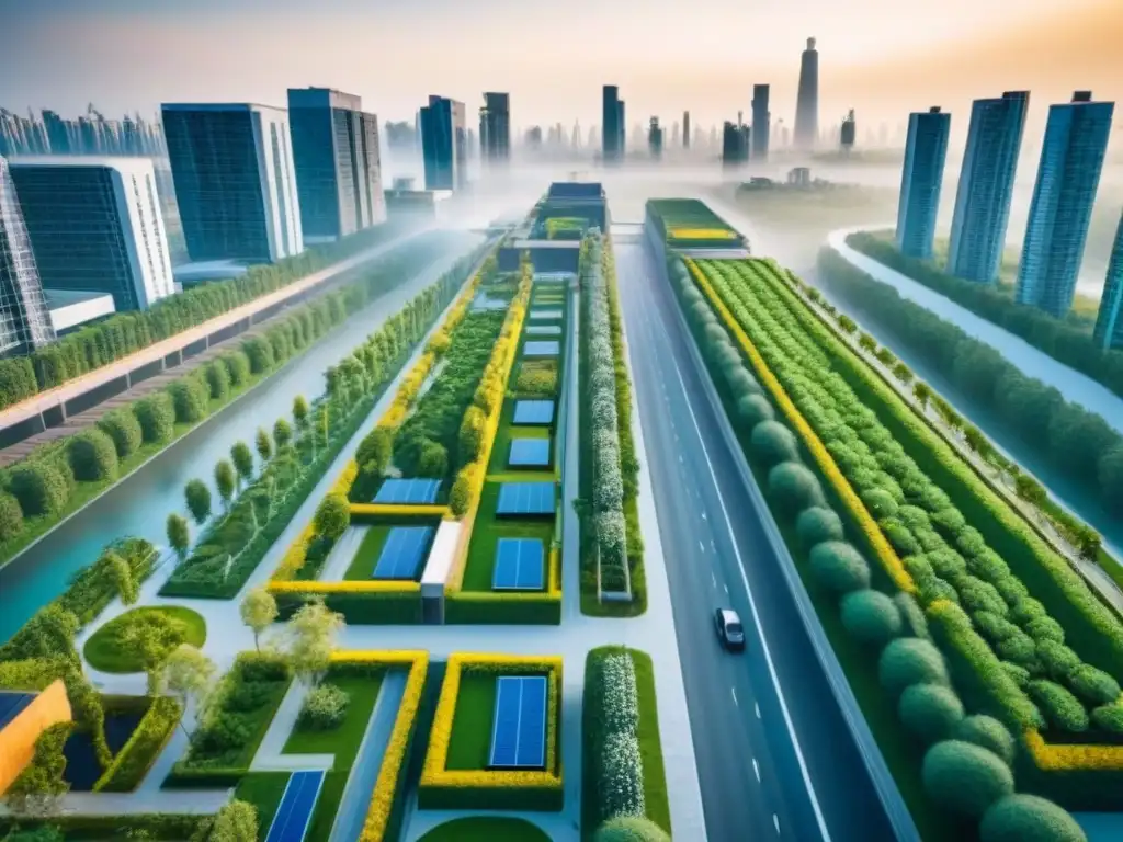 Desarrollo urbano sostenible: modernidad y naturaleza en armonía Un desarrollo urbano sostenible con rascacielos verdes y energía solar, resaltando la sostenibilidad en mercado inmobiliario internacional