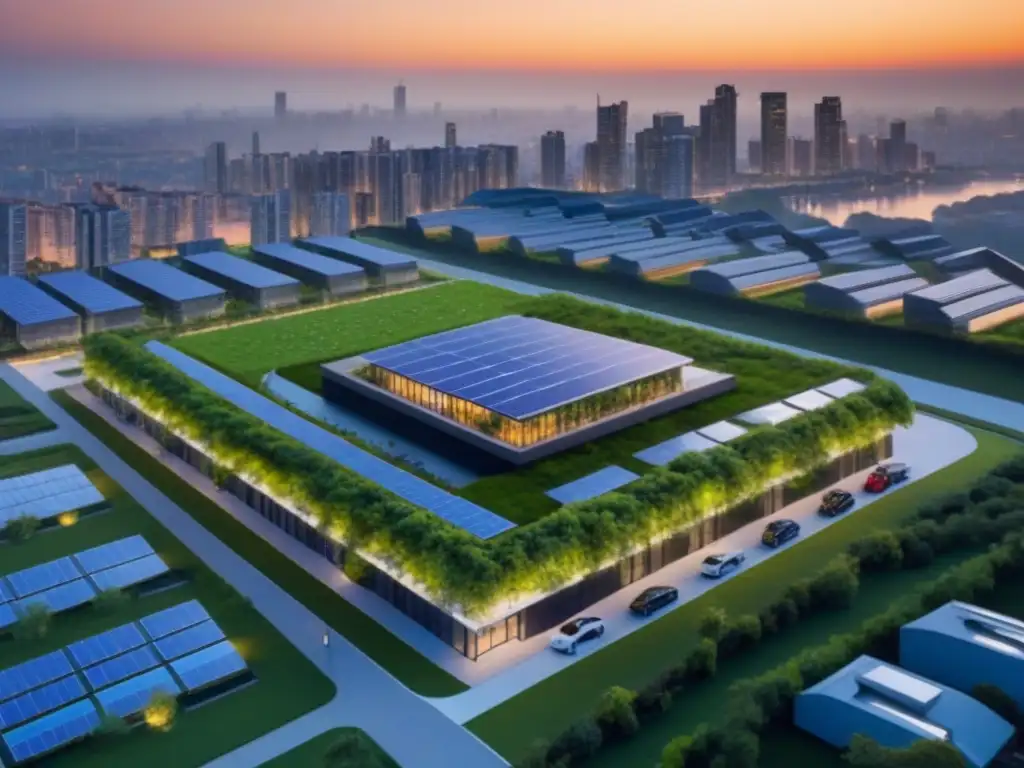 Desarrollo sostenible: armonía urbana y naturaleza Un desarrollo urbano sostenible con techos verdes, paneles solares y estaciones de carga para vehículos eléctricos