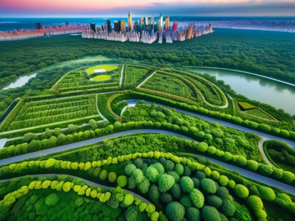 Diseño urbano sostenible: armonía entre naturaleza y modernidad Un desarrollo urbano sostenible con techos verdes, paneles solares y parque central
