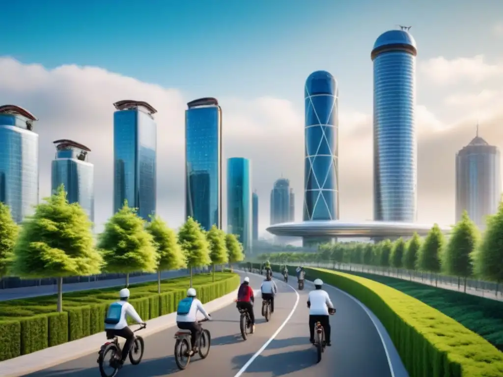Metrópolis ecoamigable del futuro: arquitectura sostenible y energía limpia Desarrollo urbano sostenible tendencias: Ciudad futurista ecoamigable con rascacielos verdes y energía limpia