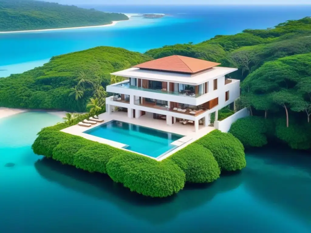 Villas de lujo frente al mar: sofisticación tropical Desarrollo villa vacacional costa internacional: lujosas villas junto al mar, rodeadas de exuberante vegetación tropical y aguas turquesa