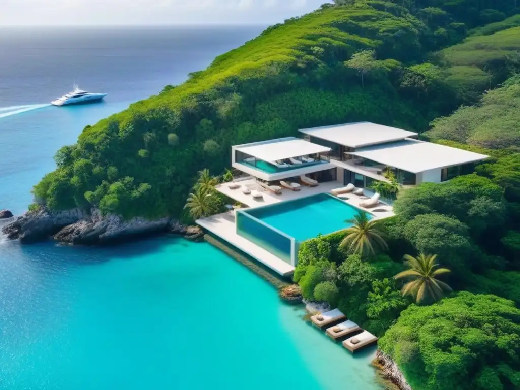 Paraíso tropical: villa de lujo con piscina infinita y vistas al mar Desarrollo villa vacacional costa internacional: Vista aérea de una lujosa villa en acantilado con piscina infinita y vistas al mar turquesa