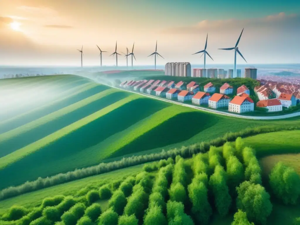 Desarrollo sostenible en Europa Oriental: arquitectura ecofriendly Desarrollos ecológicos en Europa del Este: arquitectura sostenible, paneles solares, naturaleza exuberante y ciudad al fondo