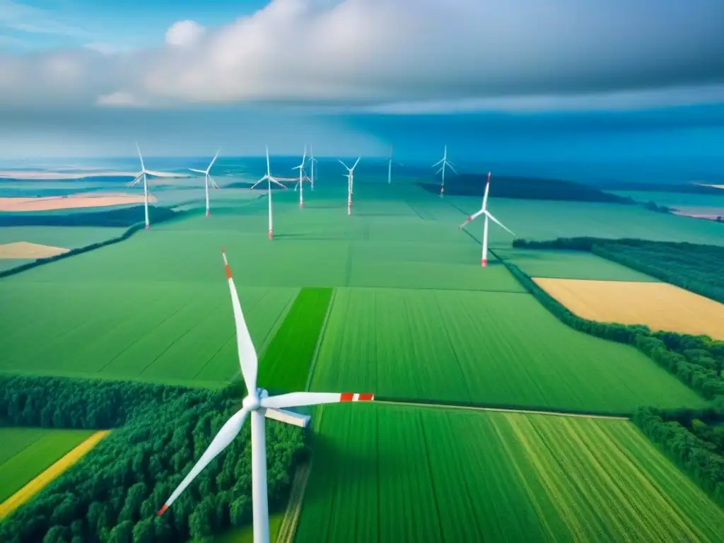 Horizonte verde: majestuosos molinos de viento en Europa del Este Desarrollos ecológicos en Europa del Este: majestuosos aerogeneradores en un paisaje verde bajo un cielo azul