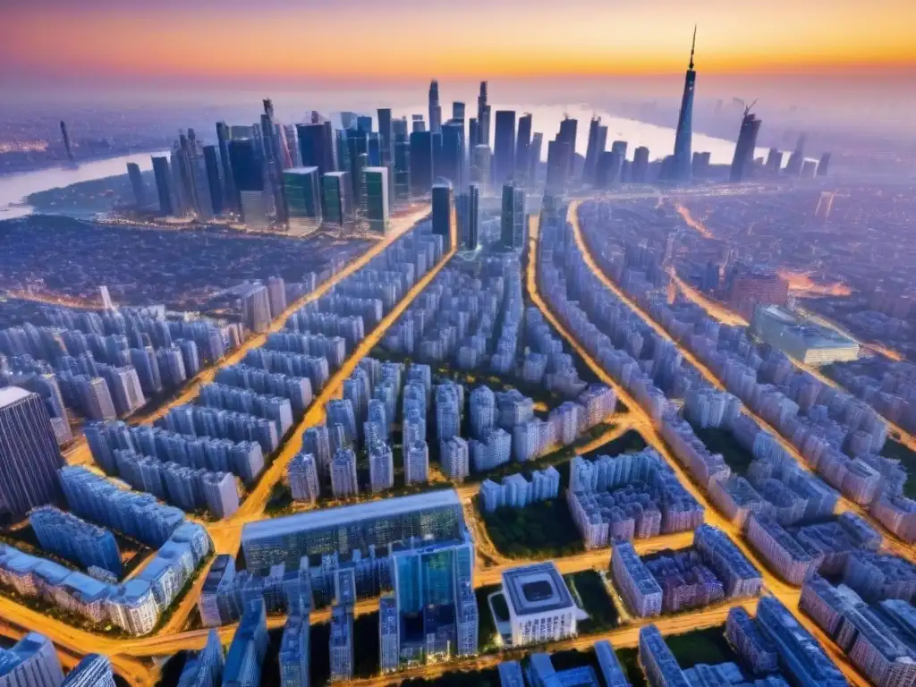 Metrópolis moderna: luces doradas y rascacielos en crecimiento Desarrollos inmobiliarios en áreas metropolitanas: Metrópolis moderna con rascacielos, áreas verdes y tráfico