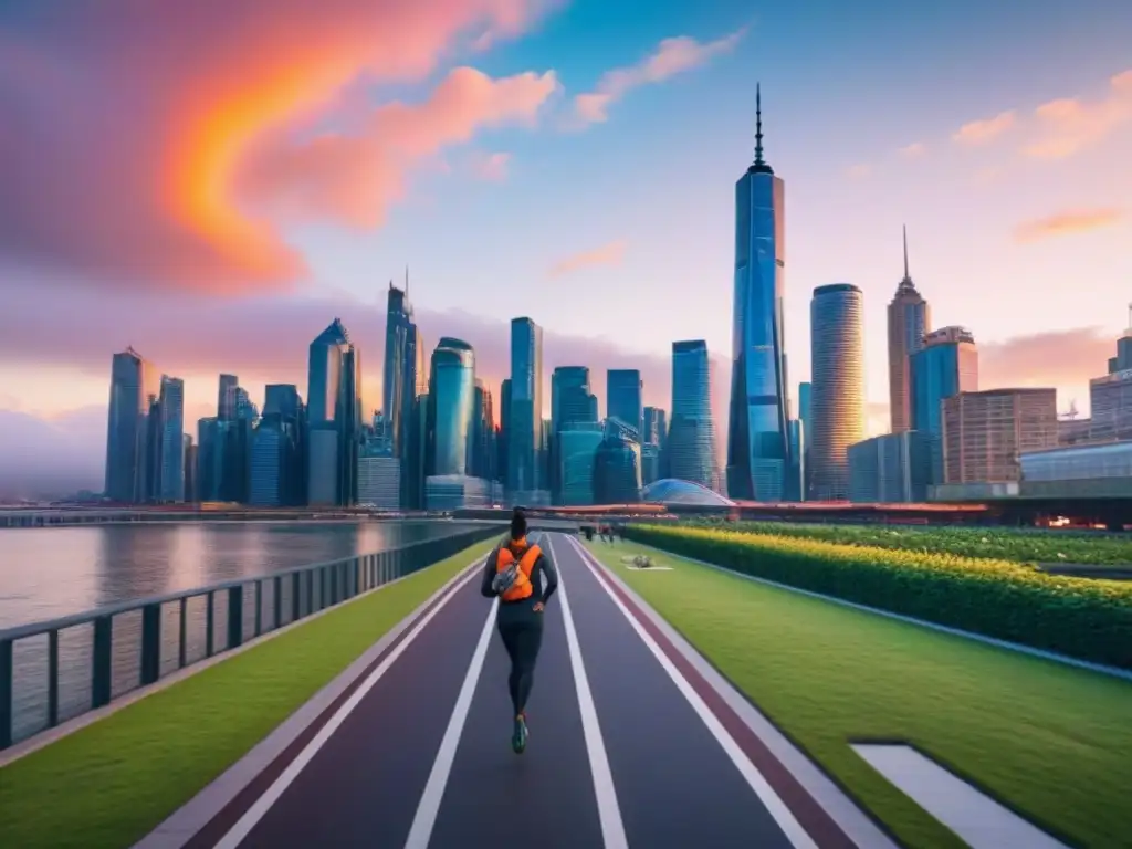 Futurista metrópolis al atardecer: innovación y armonía Desarrollos inmobiliarios en áreas metropolitanas: Vista futurista de la ciudad al atardecer, con rascacielos modernos y diseño innovador