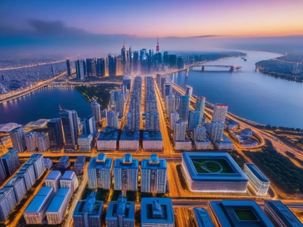 Metrópolis moderna: luces y arquitectura en crecimiento Desarrollos inmobiliarios clave crecimiento: Ciudad metropolitana iluminada con rascacielos al anochecer