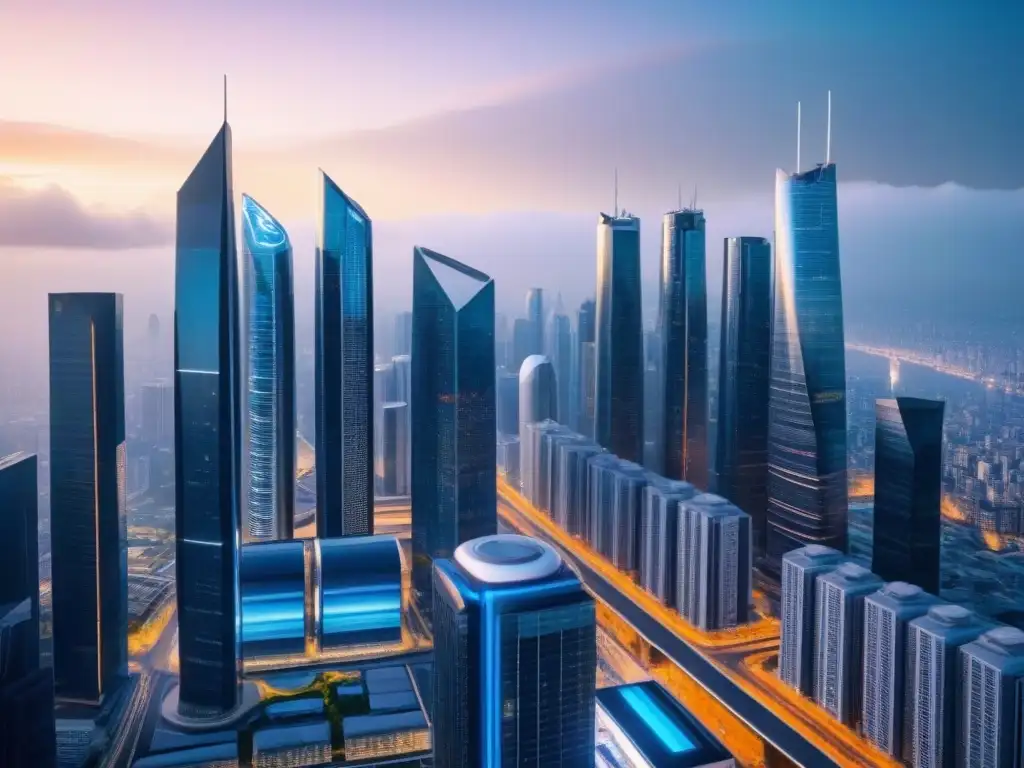 Futurismo blockchain en la ciudad 8k Desarrollos inmobiliarios con criptomonedas integradas en futurista ciudad tecnológica