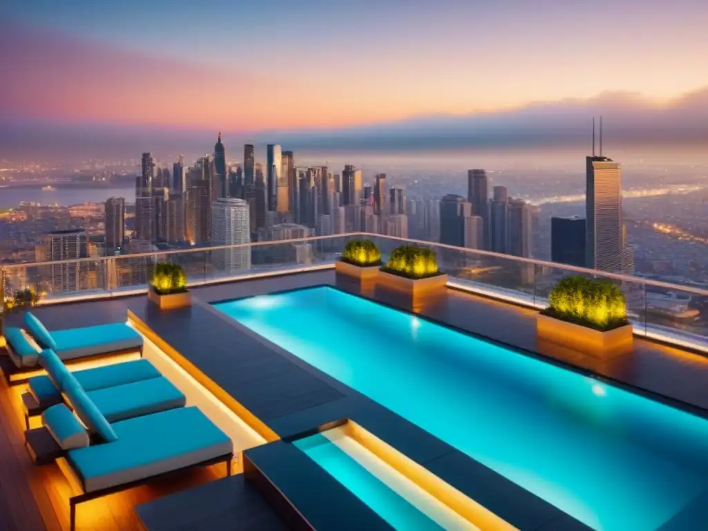 Rascacielos de lujo en metrópolis: atardecer urbano Desarrollos inmobiliarios exclusivos en Norteamérica: lujoso rascacielos con piscina infinita en atardecer urbano