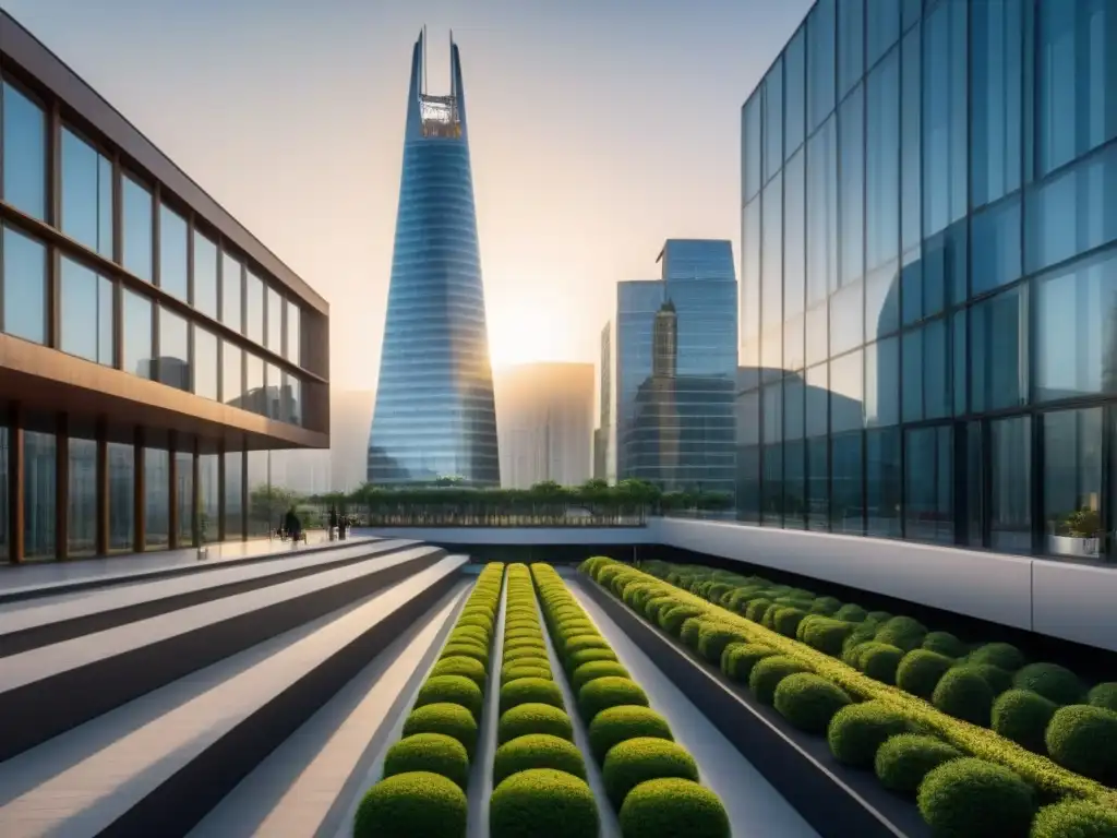 Complejo futurista en ciudad del Este de Europa: 8k detallado Desarrollos inmobiliarios innovadores en Europa del Este con modernos rascacielos y gente disfrutando de la ciudad al atardecer